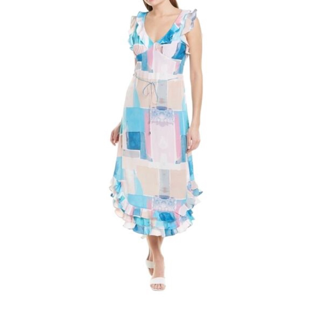 100% SILK DRESS WITH TAGS ON Tyler Boe Teal, Pink & Cream Colorblock Ruffle Maxi